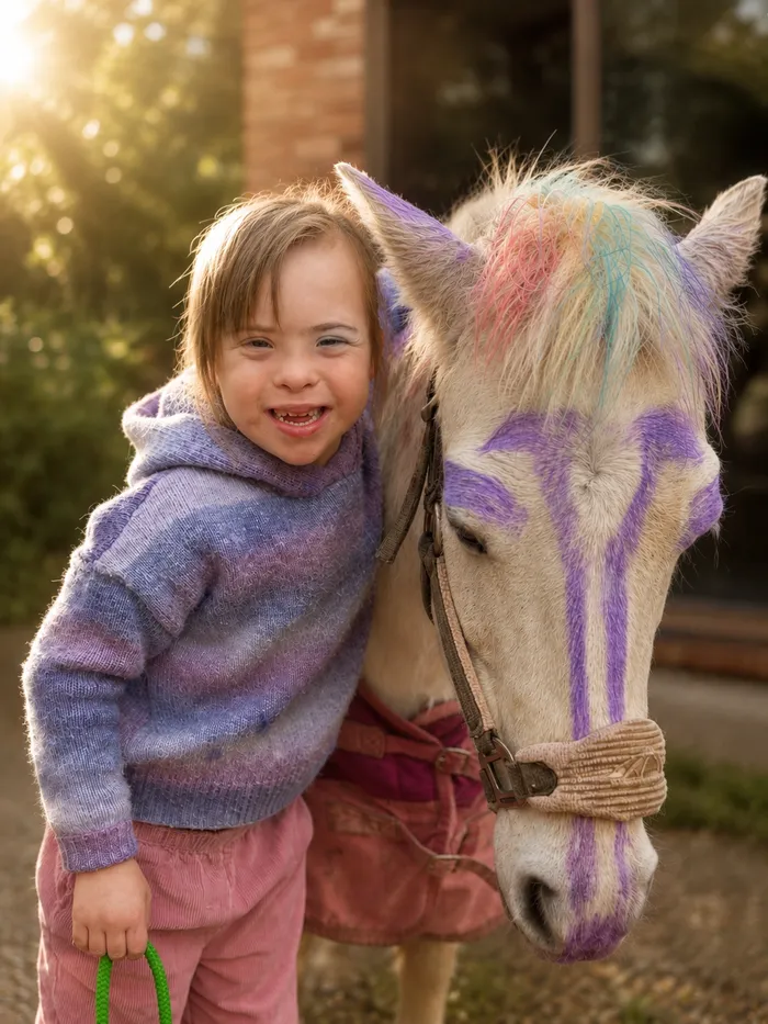 A child in a purple jumper proudly showing a painted wooden pony